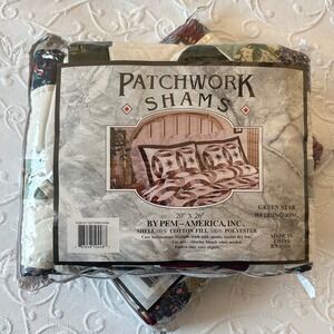 2 Vintage 1994 PEM America Green Star Wedding Ring Patchwork Quilted Shams‎